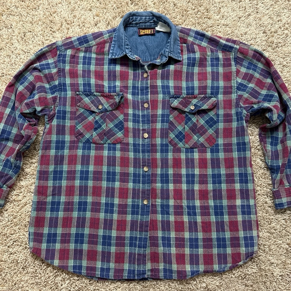 Vintage 90s Faded Glory Plaid DENIM Shirt - Button Up - XL/Large Rare USA Made